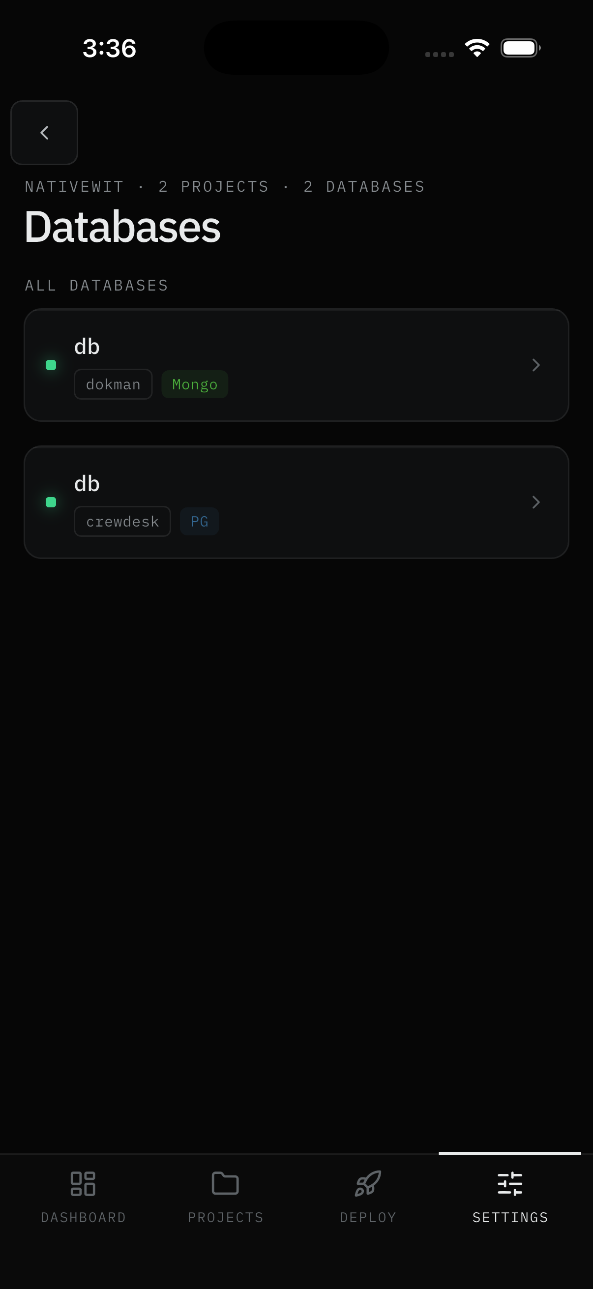 Databases directory with project and type chips