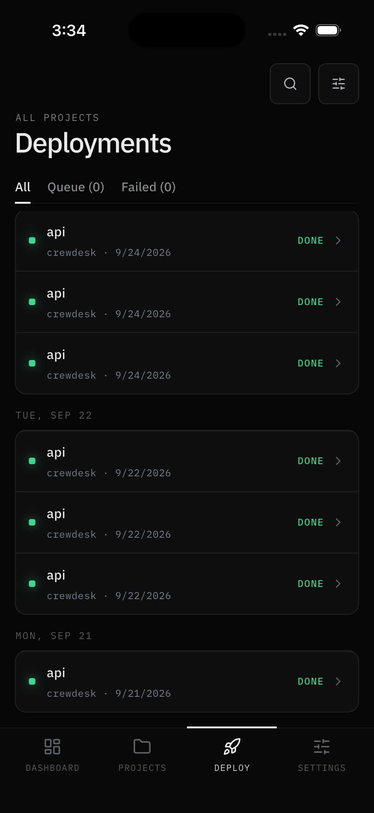 Deploy tab: All, Queue, and Failed segments with dated rows