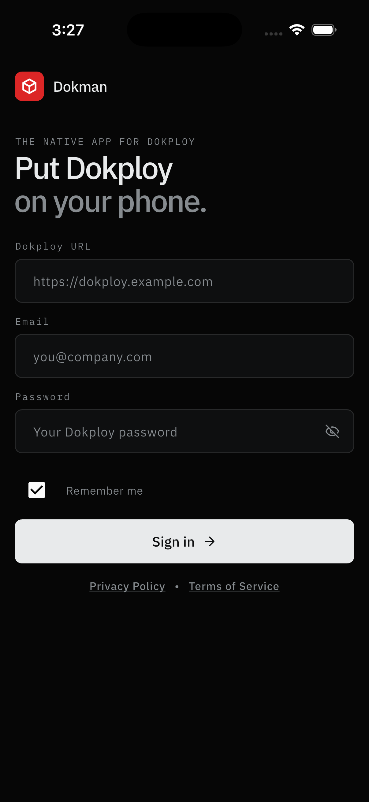Setup screen: URL, email, password, Remember me, Sign in