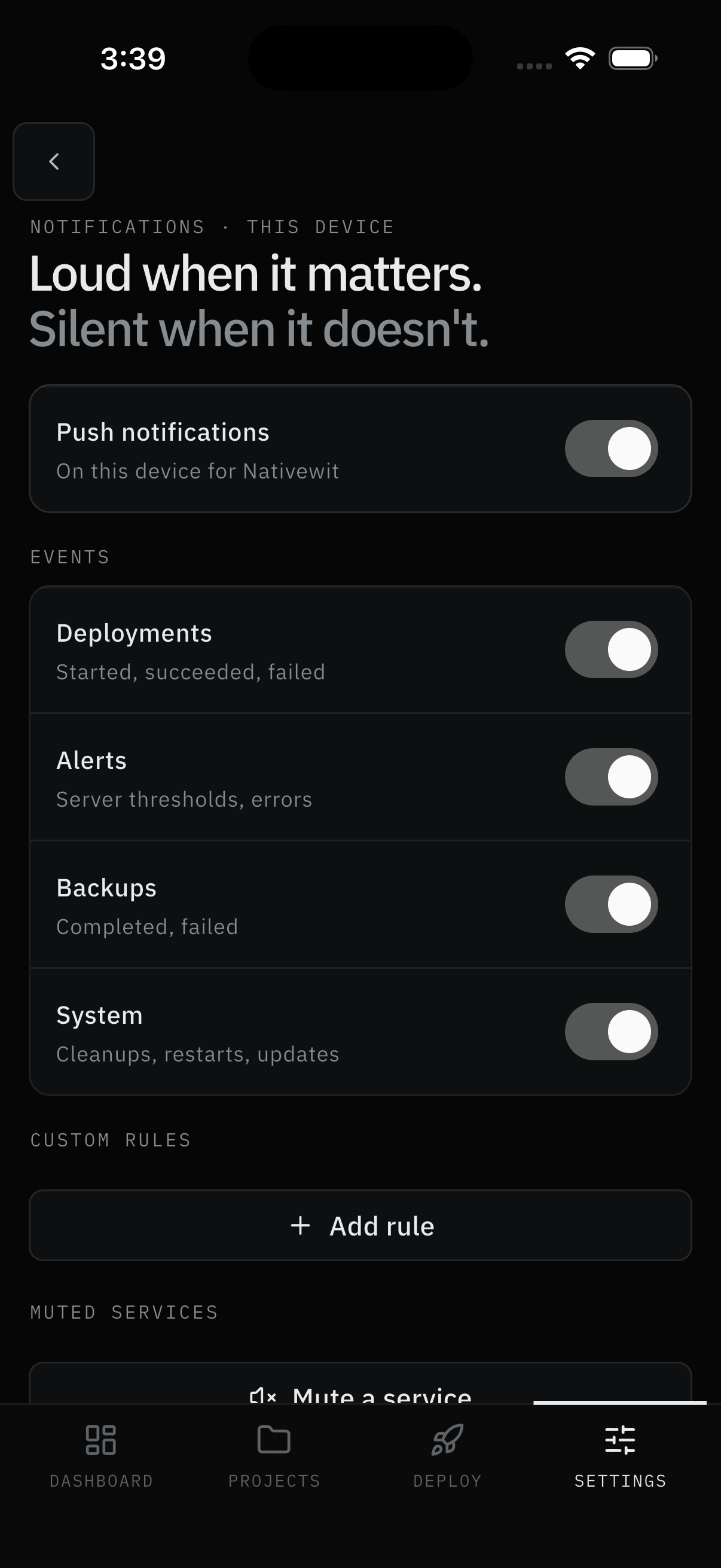 Push preferences: master switch, categories, custom rules, mute entry