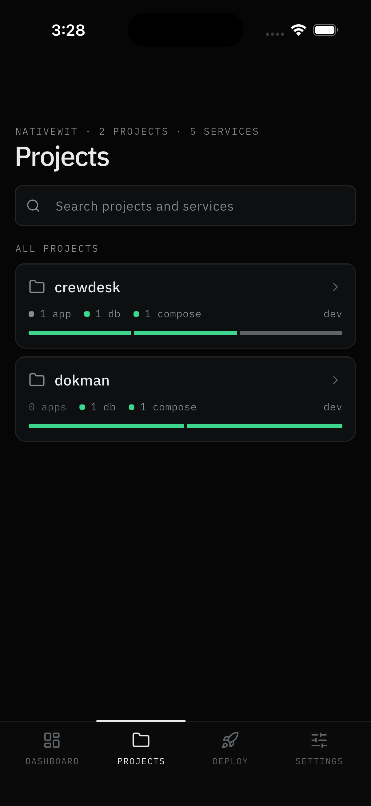 Projects tab: search, project cards with counts and health bars