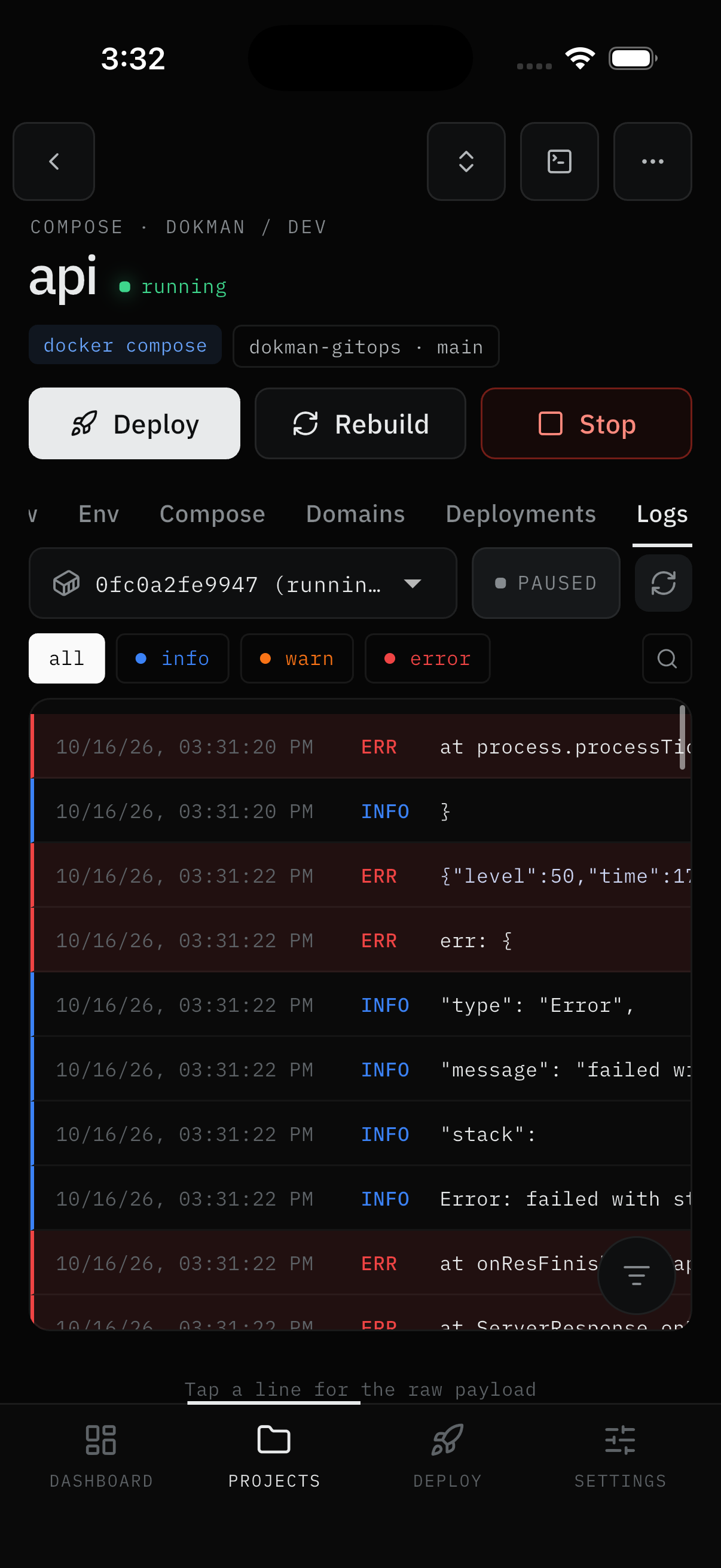 Logs tab with picker, level chips, and tagged lines