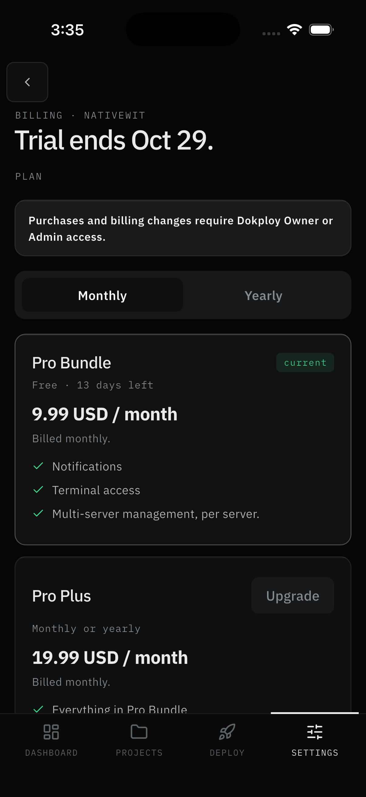 Subscription: status headline, cycle toggle, plan cards