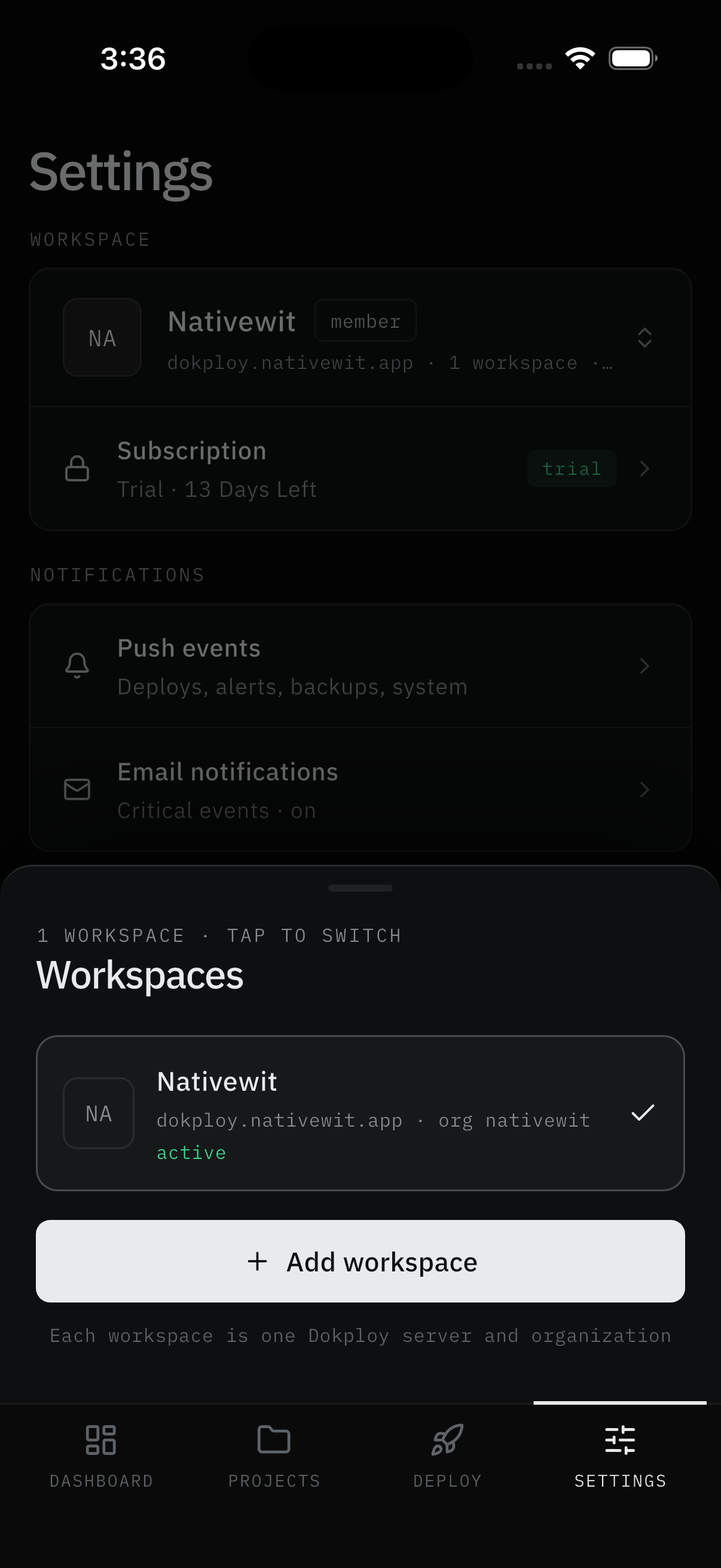 Workspaces sheet: active workspace, Add button